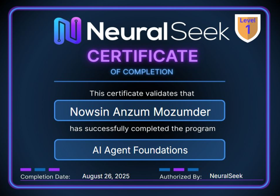 Certification for Completion of AI Agent Foundation Program by NeuralSeek