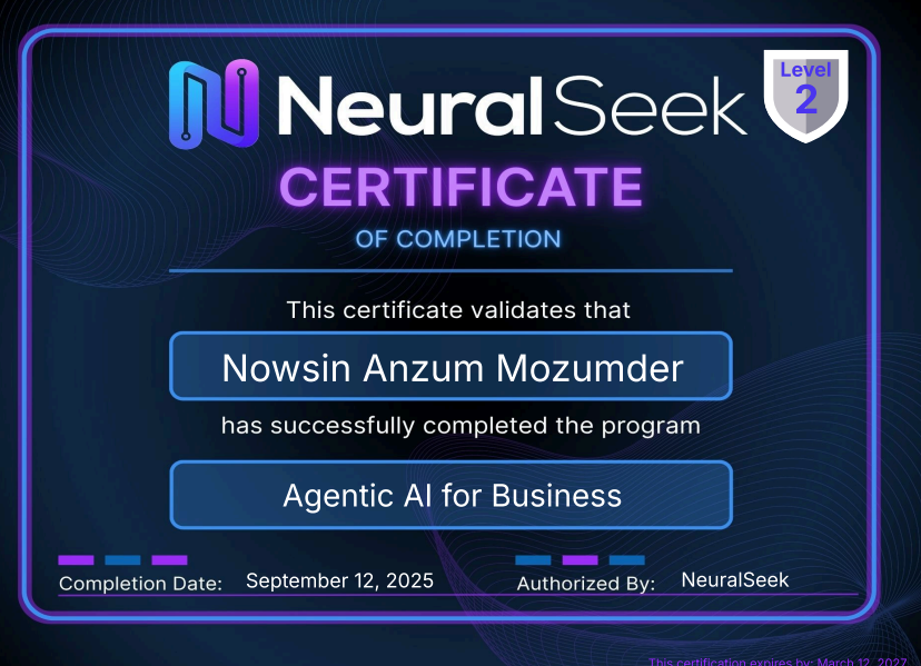 Certification for Completion of Agentic AI for Business Program by NeuralSeek